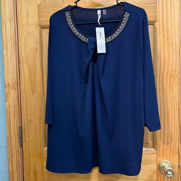 (NWT) New York Collection women’s size 1X navy rhinestone embellished blouse - Picture 1 of 8